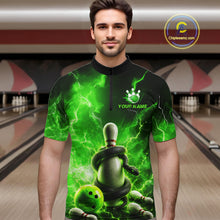 Load image into Gallery viewer, Man wearing a green and black bowling shirt with a unique design in a bowling alley.