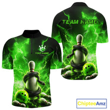 Load image into Gallery viewer, Green and black bowling jersey with bowling design and customizable text on a white background