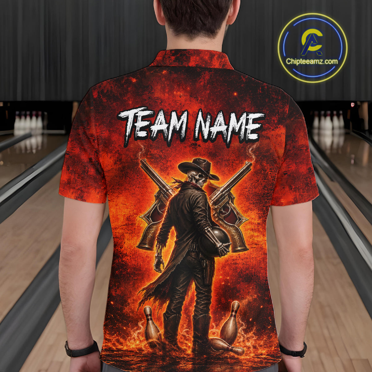 Custom Cowboy Skull Bowling Shirt for Men Red Fire Western Bowling Jersey Polo & 1/4 Zip QZT1224