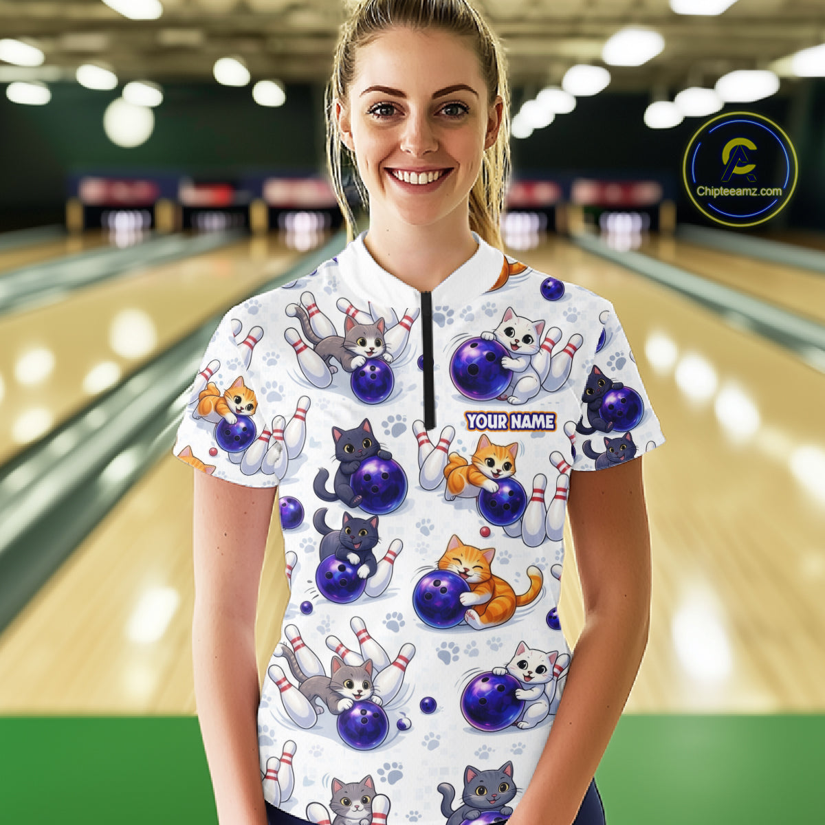 Custom Funny Cat Pattern Bowling Shirt Bowling Jersey League Polo & 1/4Zip Bowling Team for Women QZT951