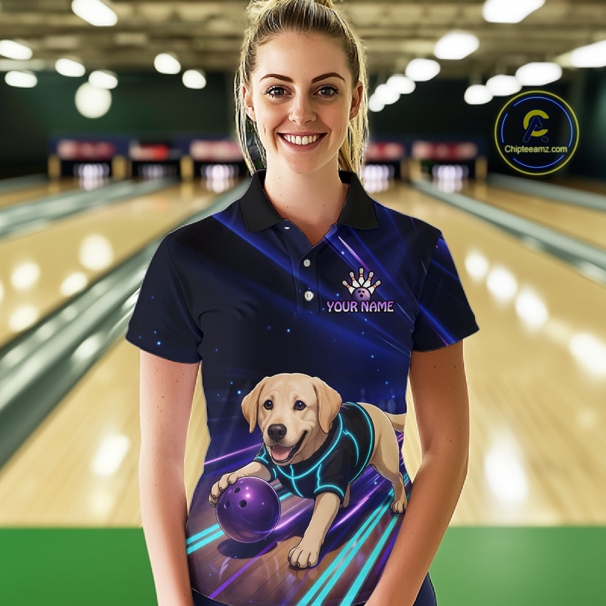 Neon Funny Labrador Retriever Bowling Shirt for Women Custom Bowling Team Jersey Polo & 1/4-Zip QZT992