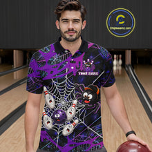Load image into Gallery viewer, Man wearing custom purple funny spider bowling polo shirt, front view mockup, personalized bowling league jersey.