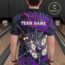 Load image into Gallery viewer, Man wearing custom purple funny spider bowling polo shirt, back view mockup with team name design.