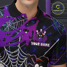 Load image into Gallery viewer,  Close-up collar view of custom purple funny spider bowling polo shirt with personalized name detail.