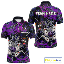 Load image into Gallery viewer, Custom purple funny spider bowling polo shirt, front and back views, bowling league jersey for men