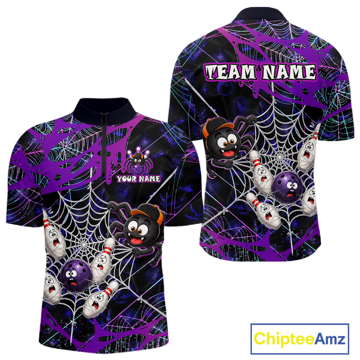  Custom purple funny spider bowling quarter-zip shirt, front and back views, bowling league jersey for men