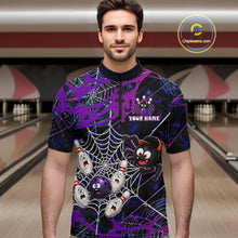 Load image into Gallery viewer,  Man wearing custom purple funny spider bowling 1/4 zip shirt, front view mockup, personalized bowling league jersey.