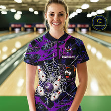 Load image into Gallery viewer,  Woman wearing custom purple funny spider bowling 1/4 zip shirt, front view mockup, personalized bowling league jersey.