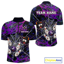 Load image into Gallery viewer,  Custom purple funny spider bowling quarter-zip shirt, front and back views, bowling league jersey for men