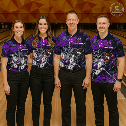 Bowling team wearing custom purple funny spider bowling shirts, group front view mockup with team name design.