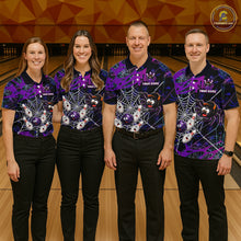 Load image into Gallery viewer, Bowling team wearing custom purple funny spider bowling shirts, group front view mockup with team name design.