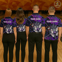 Load image into Gallery viewer, Bowling team wearing custom purple funny spider bowling shirts, group back view mockup with team name design.