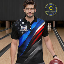 Load image into Gallery viewer, Man wearing custom American Flag  bowling polo shirt, front view mockup, personalized bowling league jersey.