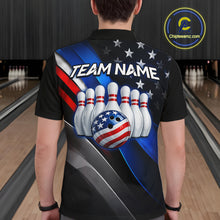 Load image into Gallery viewer, Man wearing custom American Flag  bowling polo shirt, back view mockup with team name design.