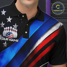 Load image into Gallery viewer, Close-up collar view of custom American Flag  [theme/design] bowling polo shirt with personalized name detail.