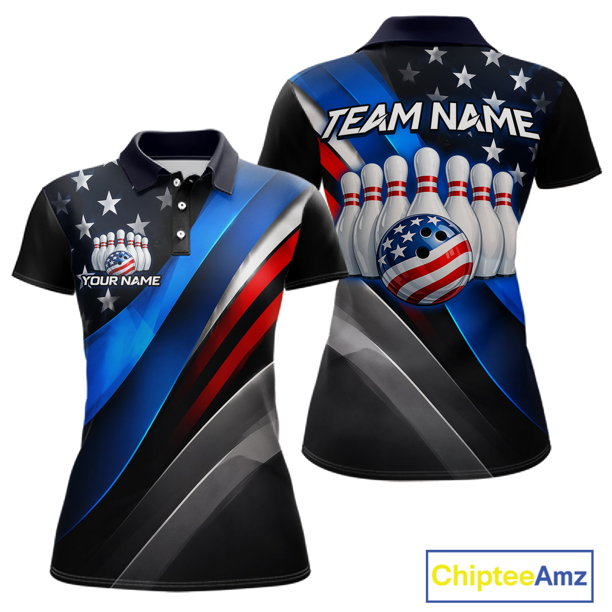 Custom American Flag bowling polo shirt, front and back views, bowling league jersey for women
