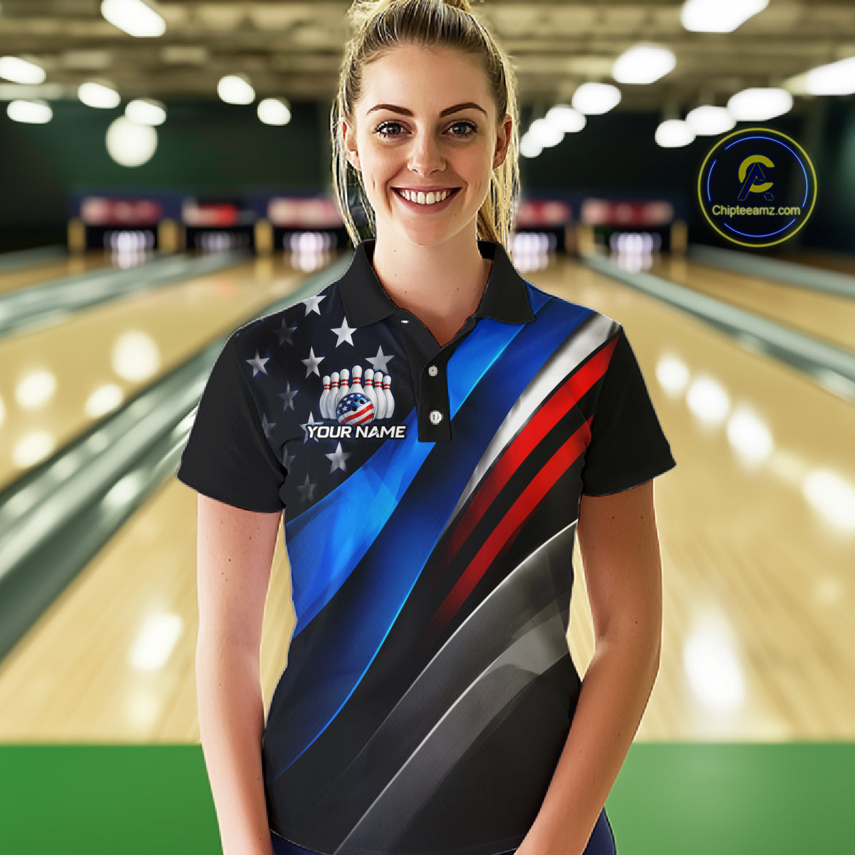 Woman wearing custom American Flag  bowling polo shirt, front view mockup, personalized bowling league jersey.