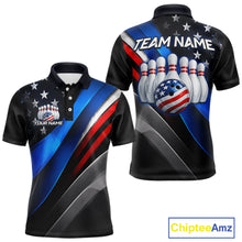 Load image into Gallery viewer, Custom American Flag bowling polo shirt, front and back views, bowling league jersey for men