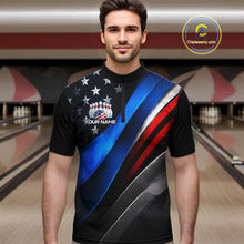 Load image into Gallery viewer, Man wearing custom American Flag bowling 1/4 zip shirt, front view mockup, personalized bowling league jersey.