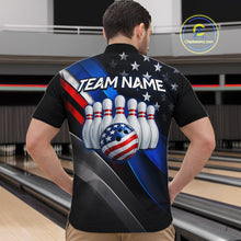 Load image into Gallery viewer, Man wearing custom American Flag bowling 1/4 zip shirt, back view mockup, personalized bowling league jersey.