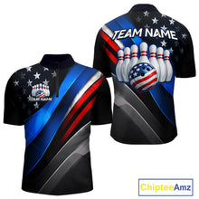 Load image into Gallery viewer, Custom American Flag  bowling quarter-zip shirt, front and back views, bowling league jersey for men
