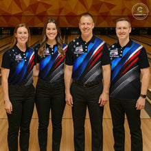 Load image into Gallery viewer, Bowling team wearing customAmerican Flag bowling shirts, group front view mockup, personalized team jerseys.