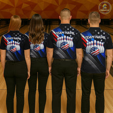 Load image into Gallery viewer, Bowling team wearing customAmerican Flag bowling shirts, group back view mockup, personalized team jerseys.