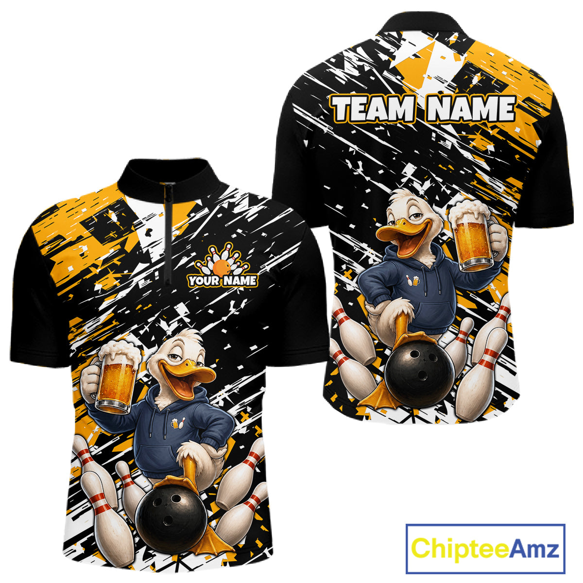 Custom bowling-themed short-sleeve quarter-zip shirt shown from both front and back views. The shirt features a black and yellow paint-splatter background with a cartoon duck character holding beer glasses and a bowling ball, with customizable text areas reading 'YOUR NAME' and 'TEAM NAME'.