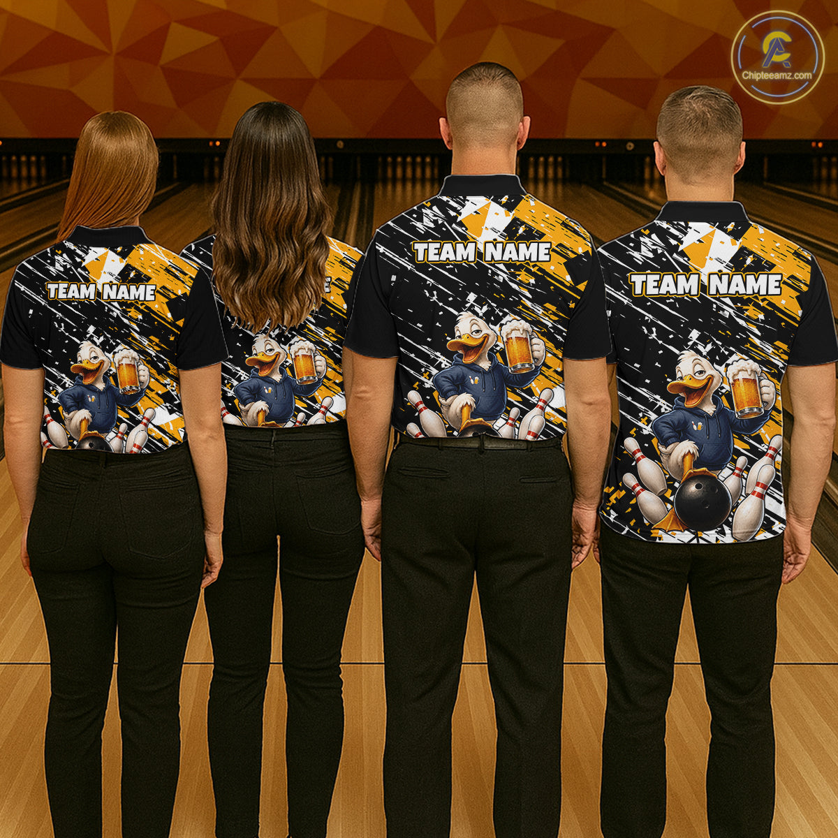 Four people standing in a bowling alley, viewed from behind, wearing matching bowling shirts with a black, yellow, and white graphic design featuring bowling ducks and the text 'TEAM NAME'