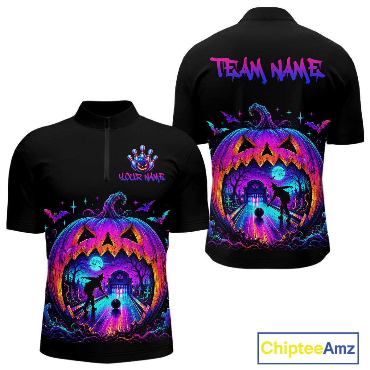 Custom Halloween Pumpkin Bowling Shirt Neon Glow Bowling Team Jersey for Men Polo & Quarter-Zip QZT1227