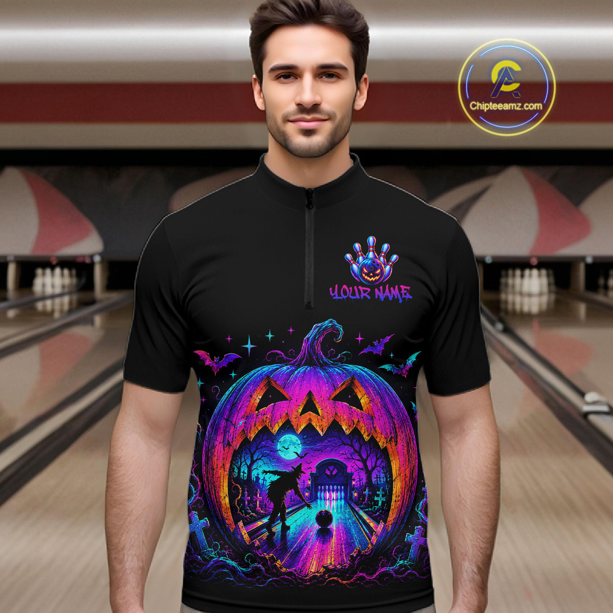 Custom Halloween Pumpkin Bowling Shirt Neon Glow Bowling Team Jersey for Men Polo & Quarter-Zip QZT1227