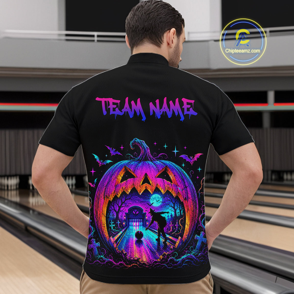 Custom Halloween Pumpkin Bowling Shirt Neon Glow Bowling Team Jersey for Men Polo & Quarter-Zip QZT1227