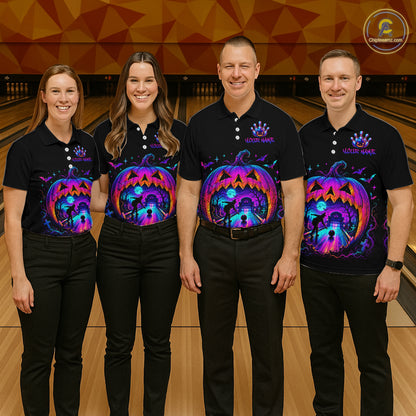 Custom Halloween Pumpkin Bowling Shirt Neon Glow Bowling Team Jersey for Men Polo & Quarter-Zip QZT1227