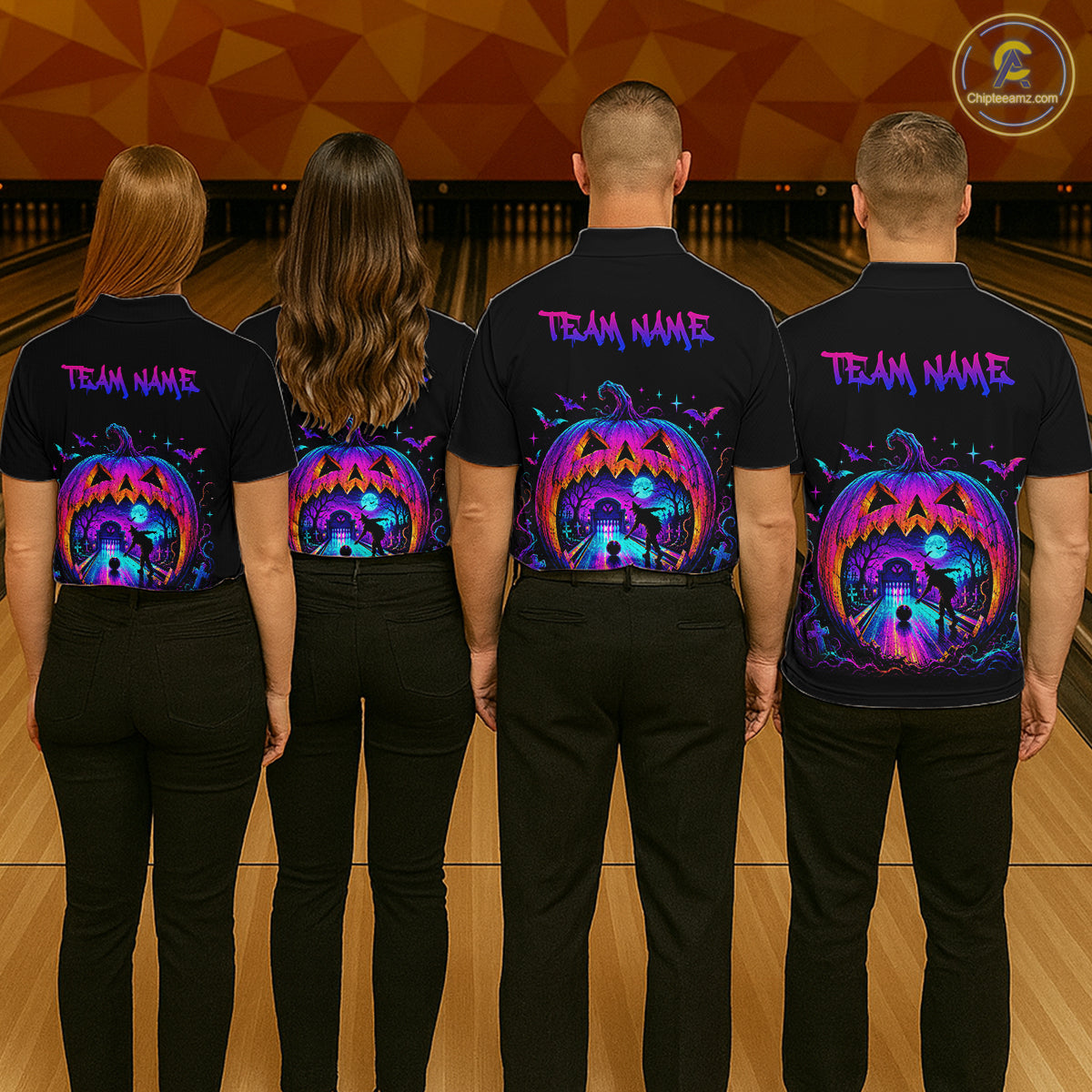 Custom Halloween Pumpkin Bowling Shirt Neon Glow Bowling Team Jersey for Men Polo & Quarter-Zip QZT1227