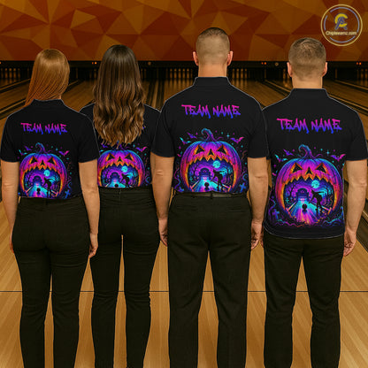 Custom Halloween Pumpkin Bowling Shirt Neon Glow Bowling Team Jersey for Men Polo & Quarter-Zip QZT1227