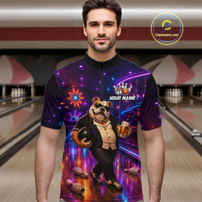 Custom Neon Funny Bulldog Bowling Shirt Bowling Team Jersey for Men Polo & Quarter-Zip QZT1228