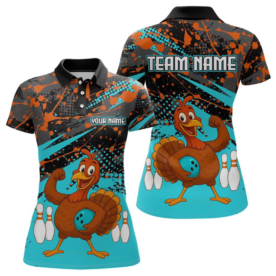 Turquoise Funny Turkey Bowling Team Shirt for Women Bowling Jersey Thanksgiving Bowling Outfit QZT776