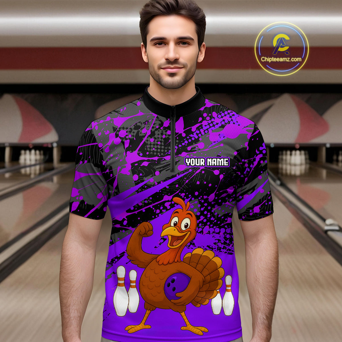 Purple Funny Turkey Bowling Team Shirt for Men Bowling Jersey Thanksgiving Bowling Outfit QZT776
