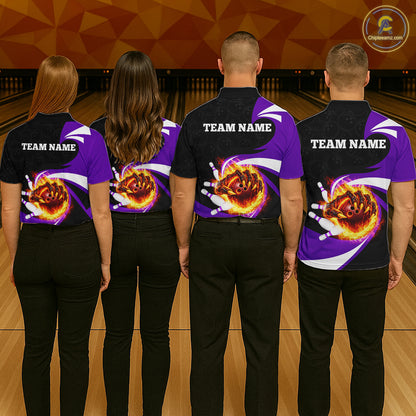 Personalized Purple Flame Demon Hand Bowling Shirt for Men Bowling Outfit Polo & Quarter-Zip Bowling Jersey QZT867