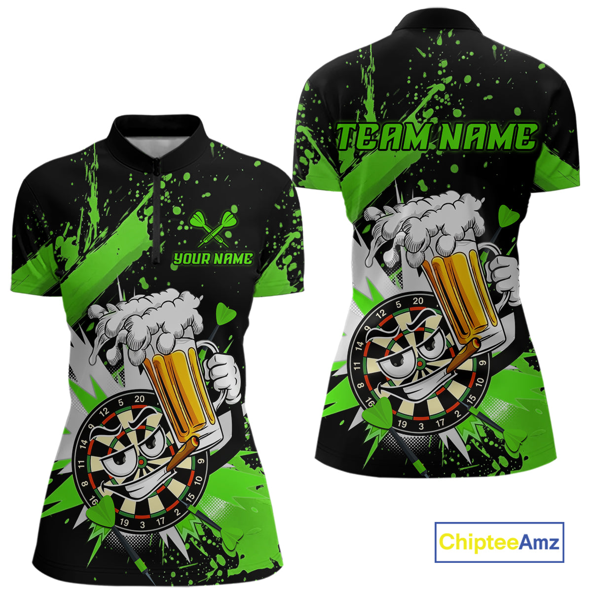 Front and back views of a women's short-sleeve quarter-zip jersey with a black base, bright green splatter graphics, a cartoon dartboard character holding a beer mug, and customizable text placeholders 'TEAM.NAME' and 'YOUR NAME'.