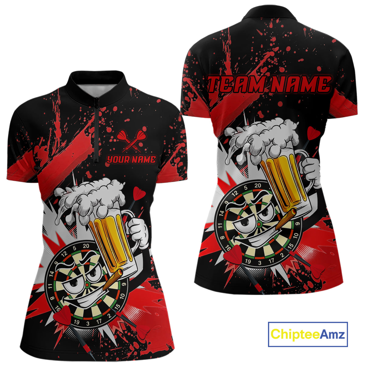 Custom short-sleeve quarter-zip jersey shown from the front and back, featuring a black base with red paint splatters and a cartoon dartboard character holding a beer mug. Includes customizable text placeholders 'YOUR NAME' and 'TEAM.