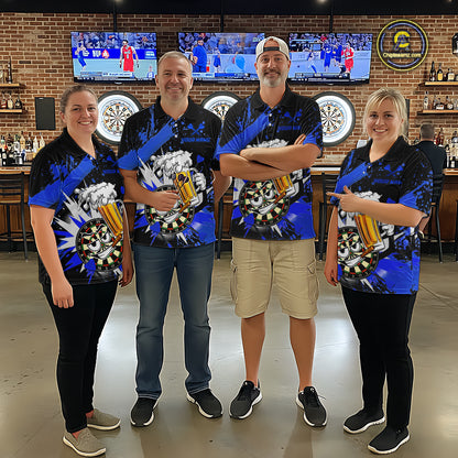 Four people standing together in a bar wearing matching blue and black sports-themed short-sleeve shirts with a large graphic print featuring a basketball, trophy, and dartboard elements.
