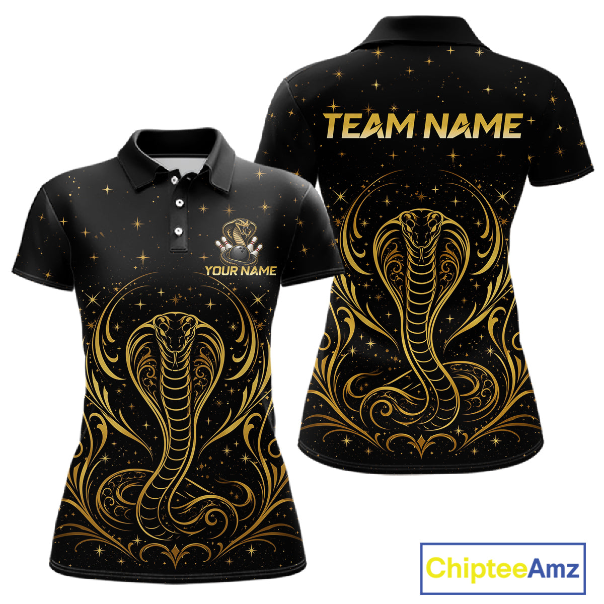 Custom black & gold cobra bowling polo shirt, front and back views, bowling league jersey for women