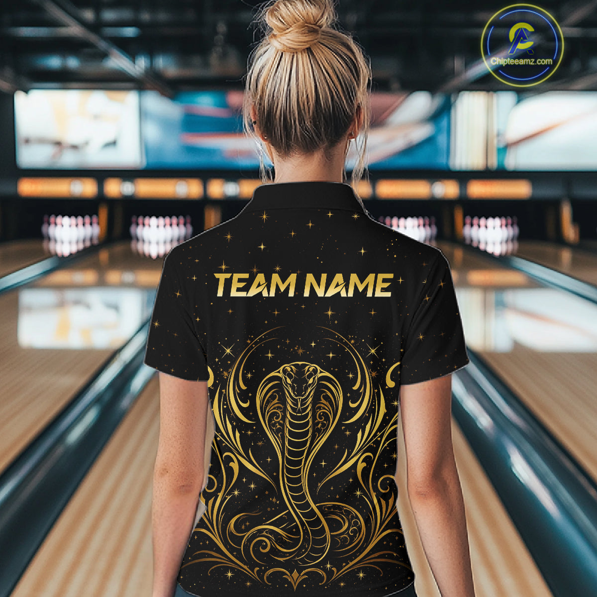 Woman wearing custom black & gold cobra bowling polo shirt, back view mockup, personalized bowling league jersey.
