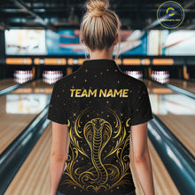 Load image into Gallery viewer, Woman wearing custom black &amp; gold cobra bowling polo shirt, back view mockup, personalized bowling league jersey.