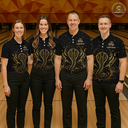 Bowling team wearing custom black & gold cobra bowling shirts, group front view mockup, personalized team jerseys.