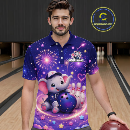 Man wearing custom funny elephant firework bowling polo shirt, front view mockup, personalized bowling league jersey.