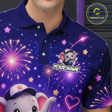 Load image into Gallery viewer, Close-up collar view of custom funny elephant firework bowling polo shirt with personalized name detail.
