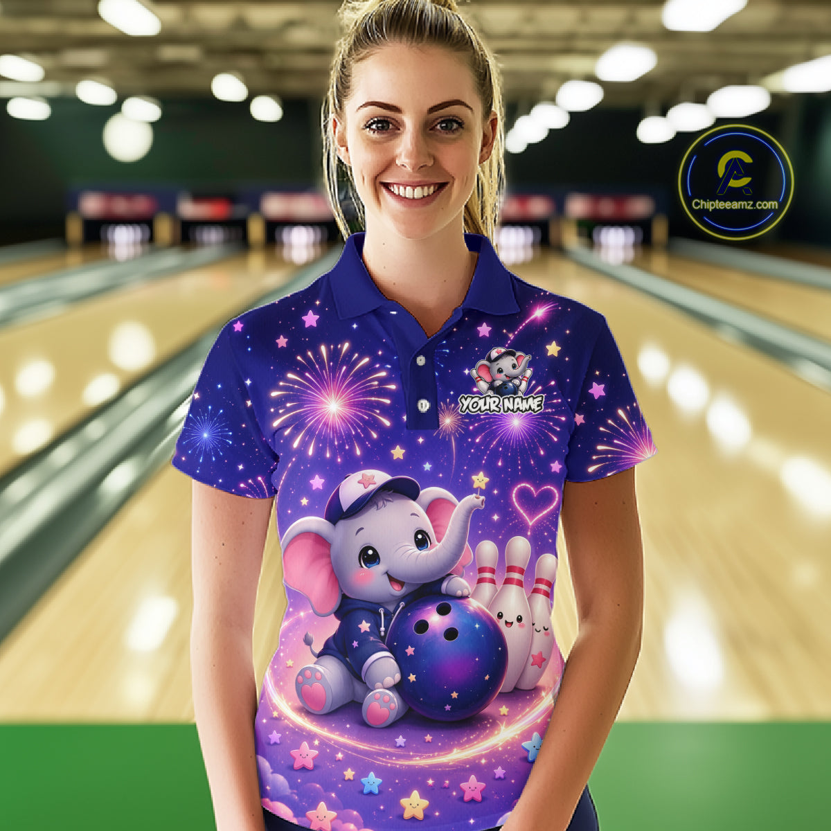 Woman wearing custom funny elephant firework bowling polo shirt, front view mockup, personalized bowling league jersey.