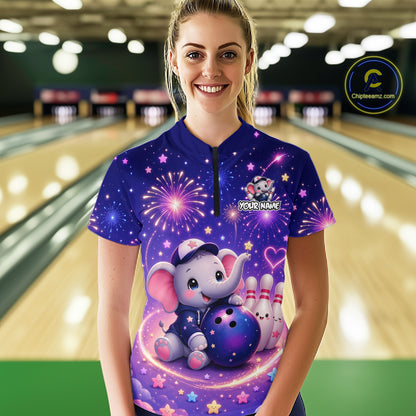 Woman wearing custom funny elephant firework bowling 1/4 zip shirt, front view mockup, personalized bowling league jersey.